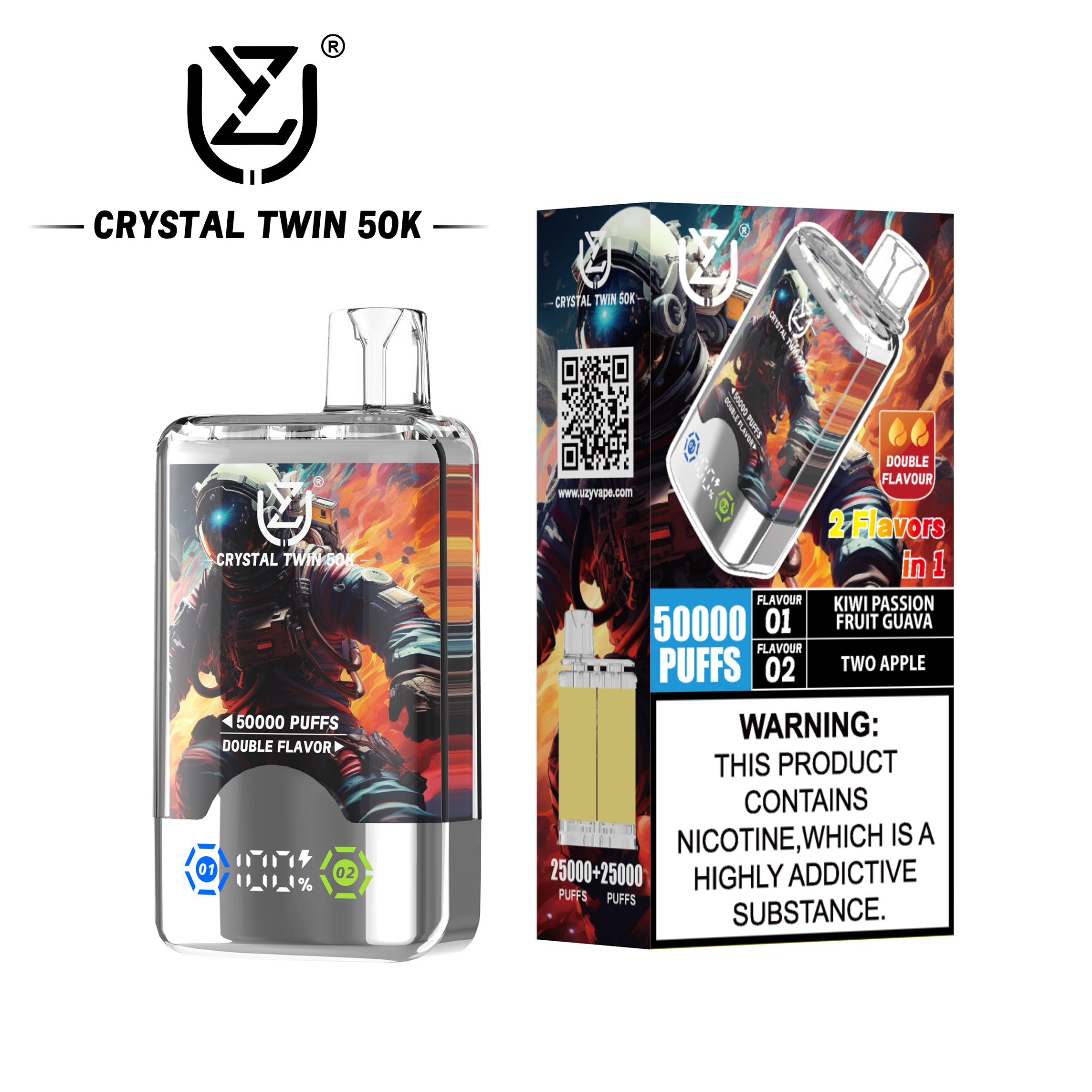 （3 pieces）UZY Crystal Twin 50000 50k Puffs Double Taste LED Display Disposable Vape