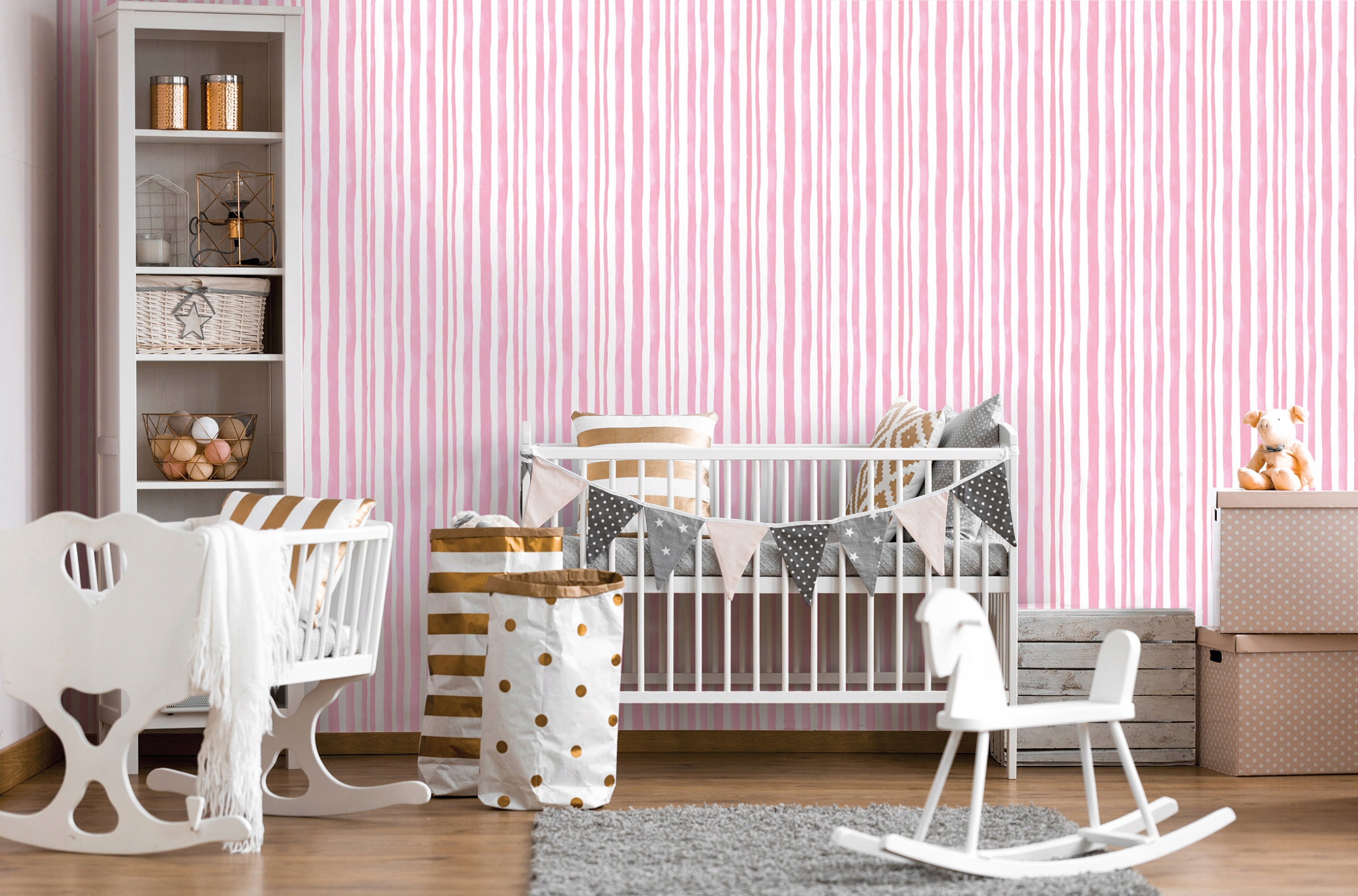 Pink watercolor stripes wallpaper for children's rooms
