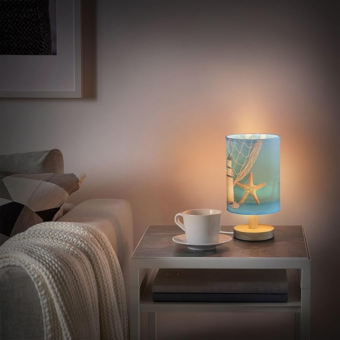 TWINKLETALE Table Lamp Nautical Sailboat Lighthouse Starfish Seashell Fishnet Blue Wood Nightstand Lamp