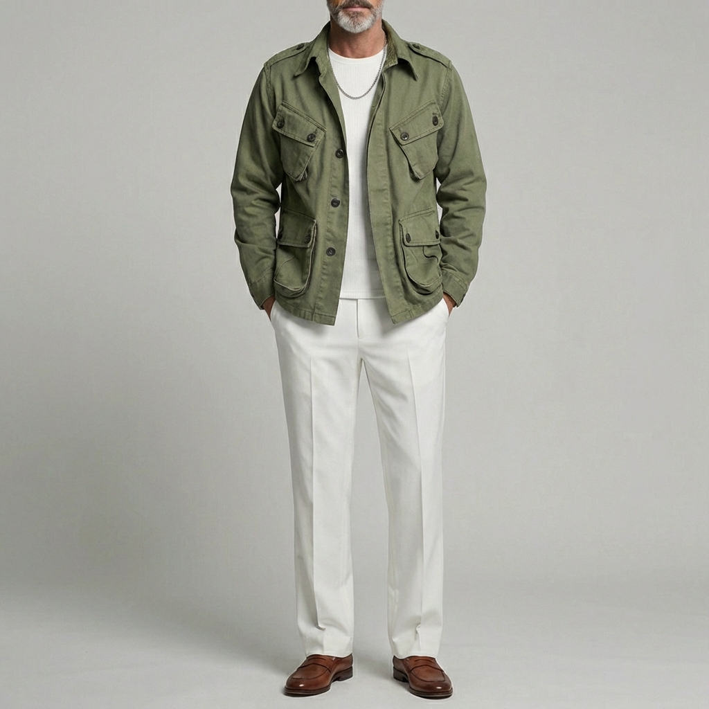 Men's Olive Green Lapel Collar Multi-Pocket Single Breasted Cargo Jacket