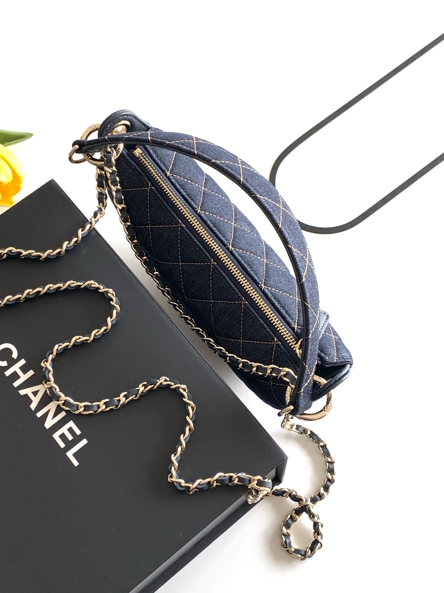 26S Spring-Summer Quilted Denim Moon Hobo Bag in Dark Blue with Gold Hardware (Model AS5652) - Mocuir