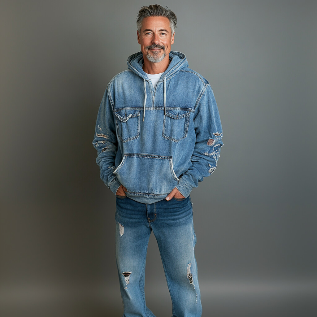 Men's Denim Ripped Flap Pocket Long Sleeve Drawstring Hoodie