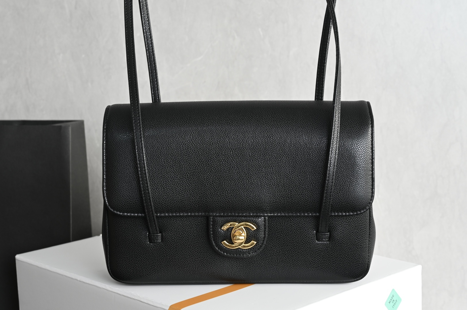 26P Preppy Coco Small Flap Bag in Black Grained Shiny Calfskin with Gold-Tone Hardware - Mocuir