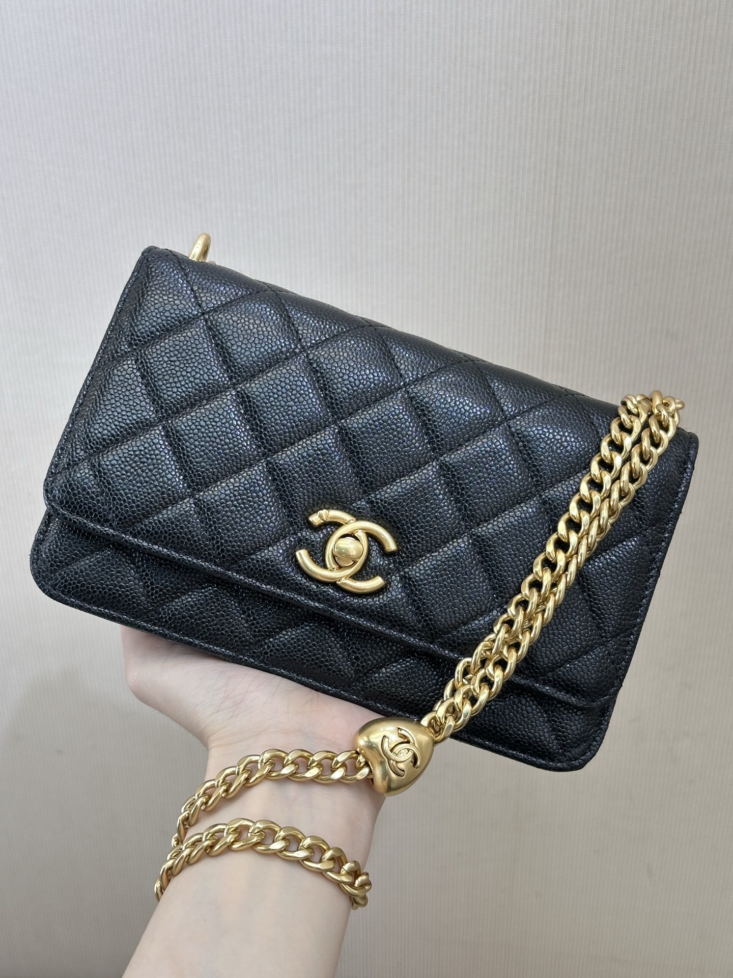 Classic Quilted Caviar Wallet on Chain with Heart Gold Ball in Black (Gold Hardware) - Mocuir