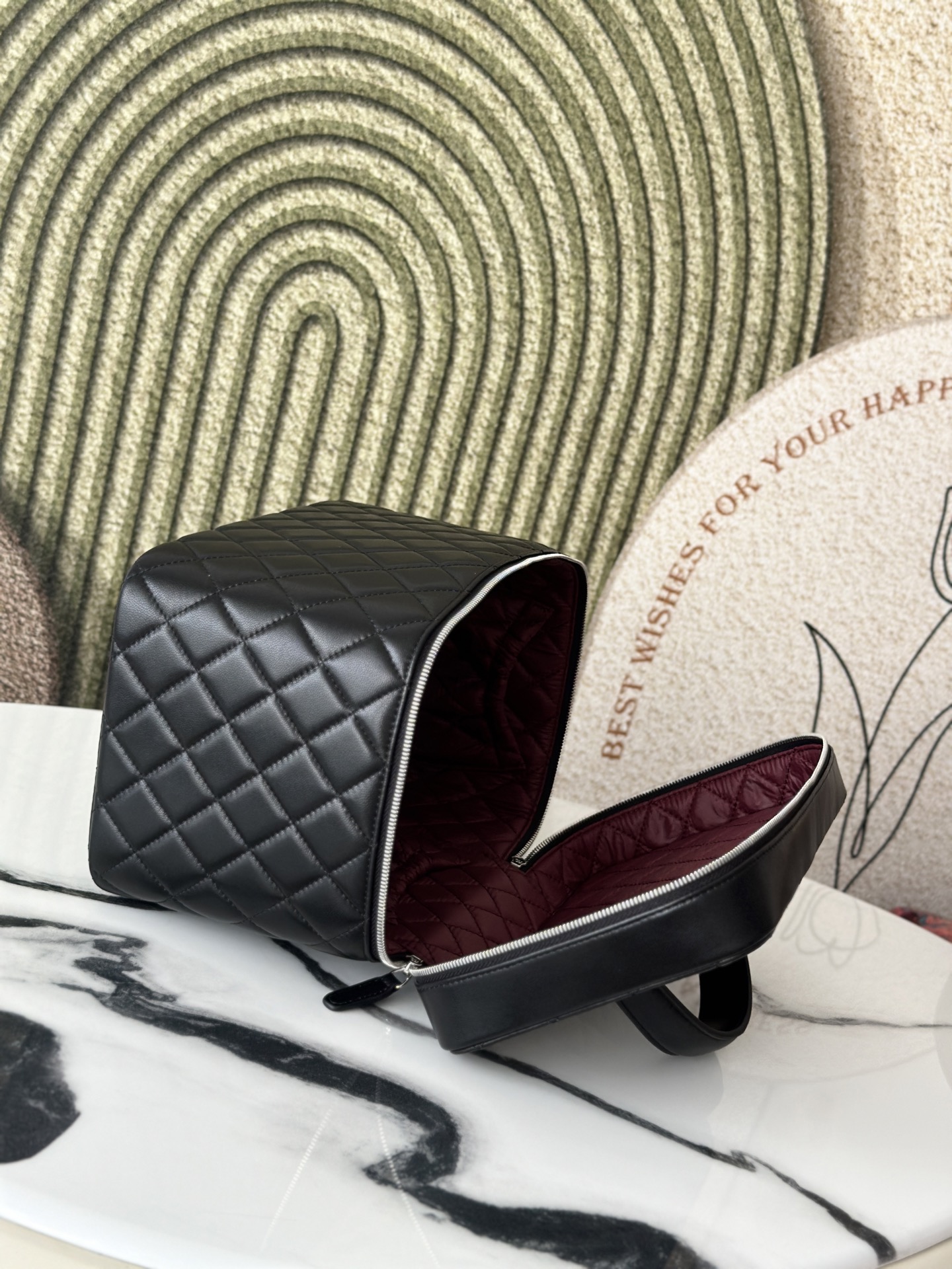 Black Lambskin Quilted Large Vanity Case with Crystal Zipper - Mocuir