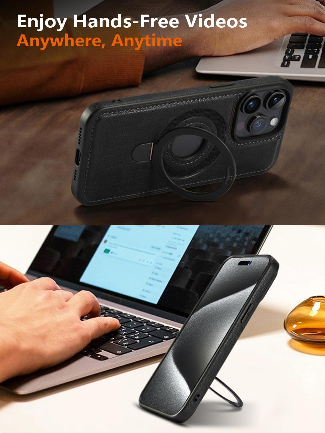 Magnetic for iPhone 12 Pro Max Leather Case, Invisible Stand [Compatible with Magsafe] Slim Kickstand Phone Cover (Black, iPhone 12 Pro Max)