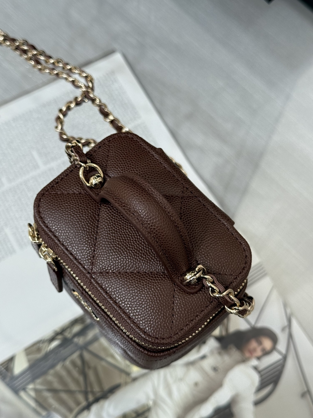 Mini Top Handle Vanity Case (AS5993) in Dark Brown Quilted Grained Calfskin (Caviar) with Antique Gold-Tone Hardware - Mocuir