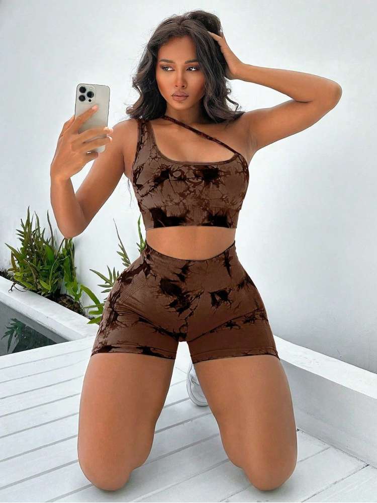 Pullover Tie Dye One-shoulder Bodycon Yoga Sets