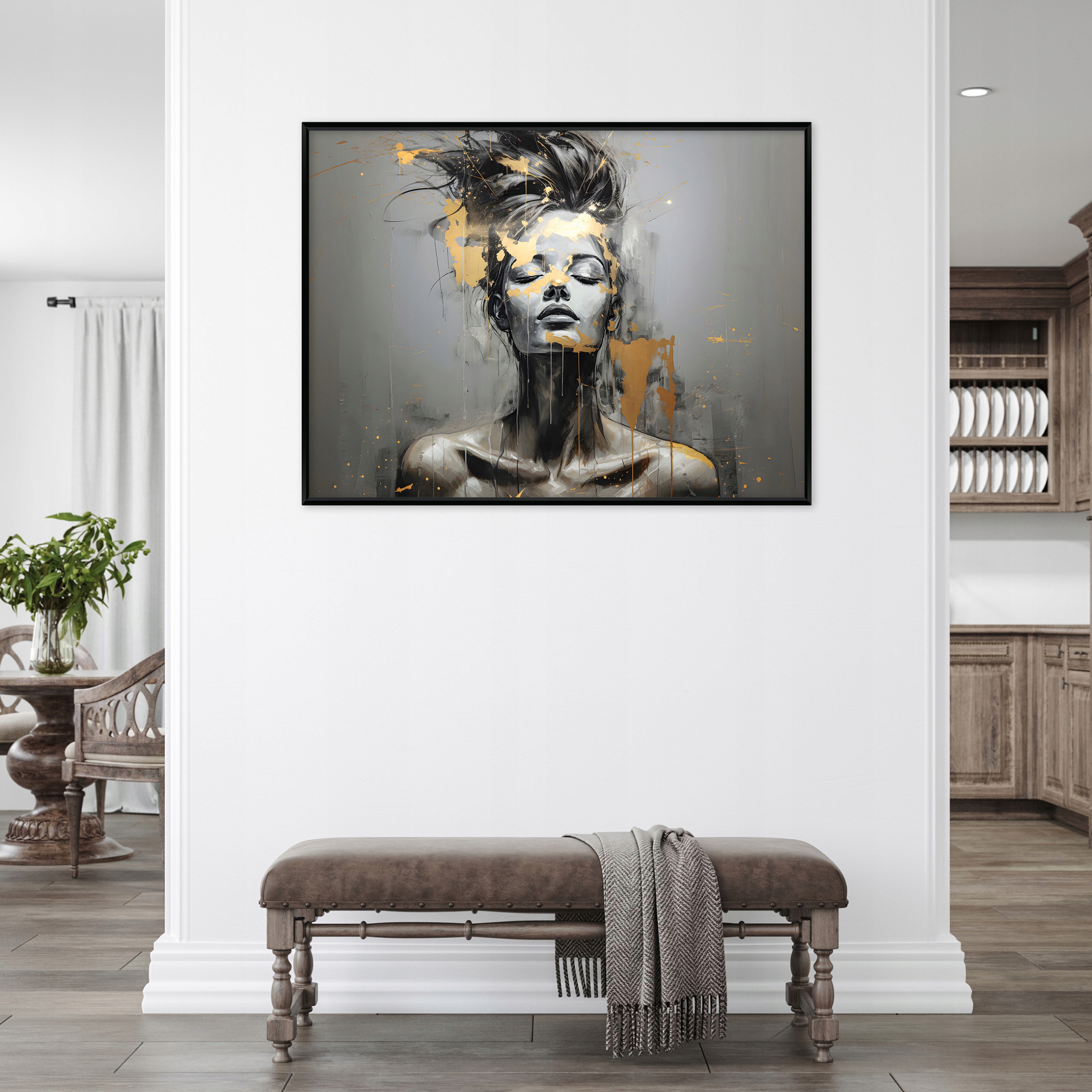 Black framed canvas painting, woman, abstract, living room, bedroom, 60x40