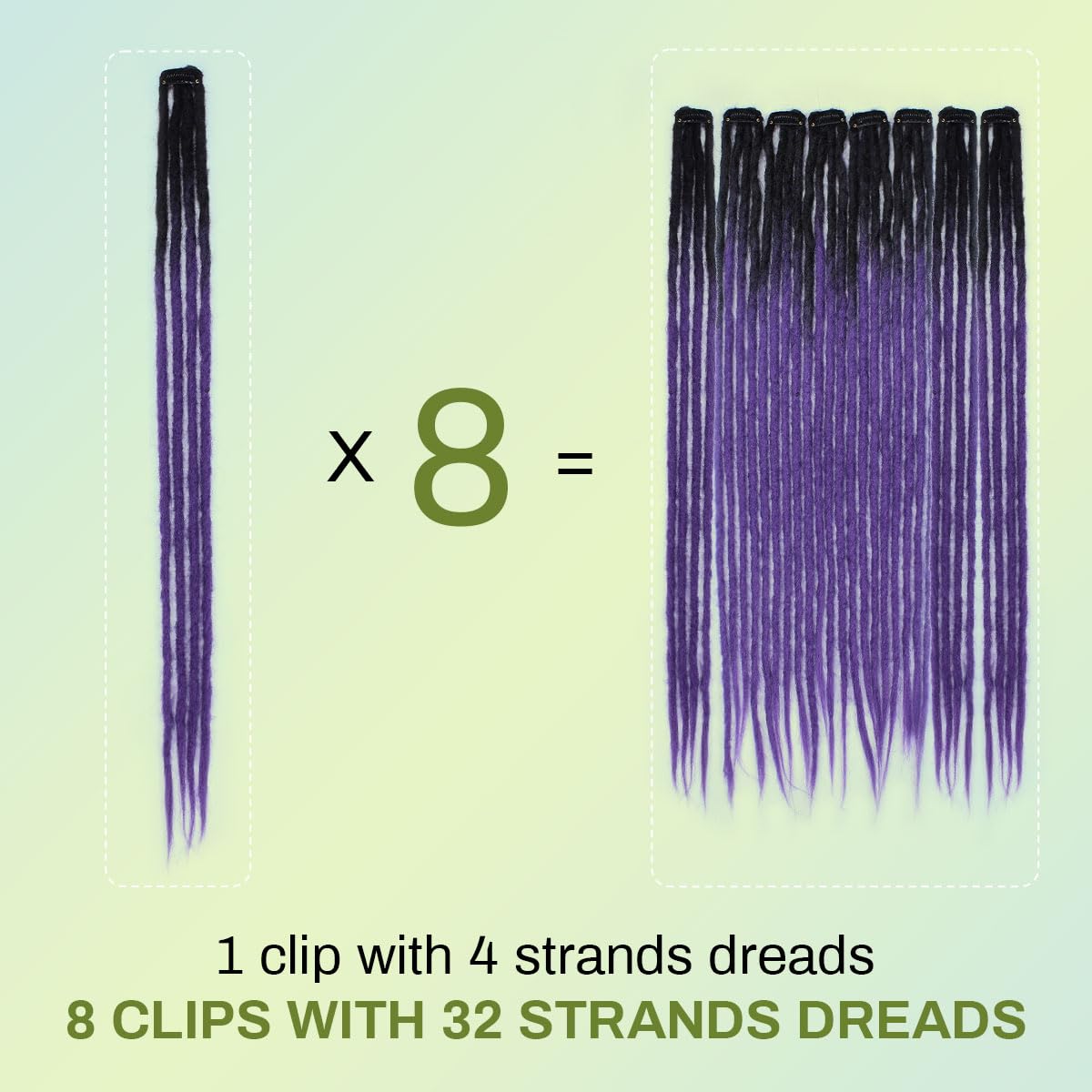 8PCS Clip in Dreadlock Extensions, 24 inch Synthetic Clip-in Dreads Extensions Handmade Soft Thin 0.6cm Width Dreadlocks(black/purple, Clip-in 32 Strands)
