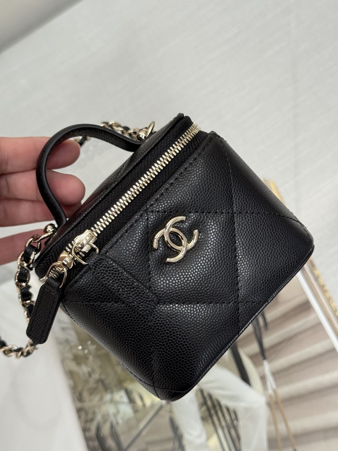 Mini Top Handle Vanity Case (AS5993) in Black Quilted Grained Calfskin (Caviar) with Antique Gold-Tone Hardware - Mocuir