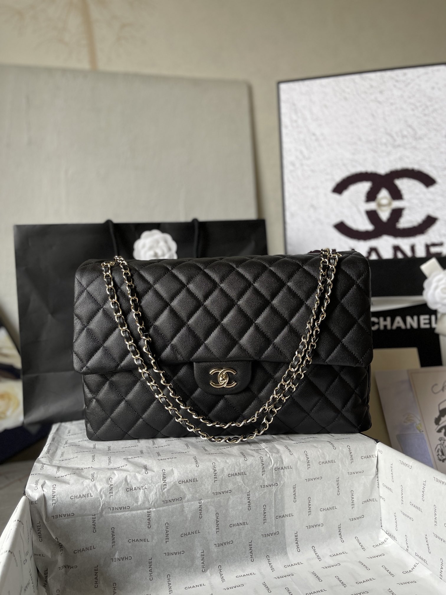 Classic Maxi Single Flap Bag in Black Quilted Caviar Calfskin with Light Gold-Tone Hardware - Mocuir