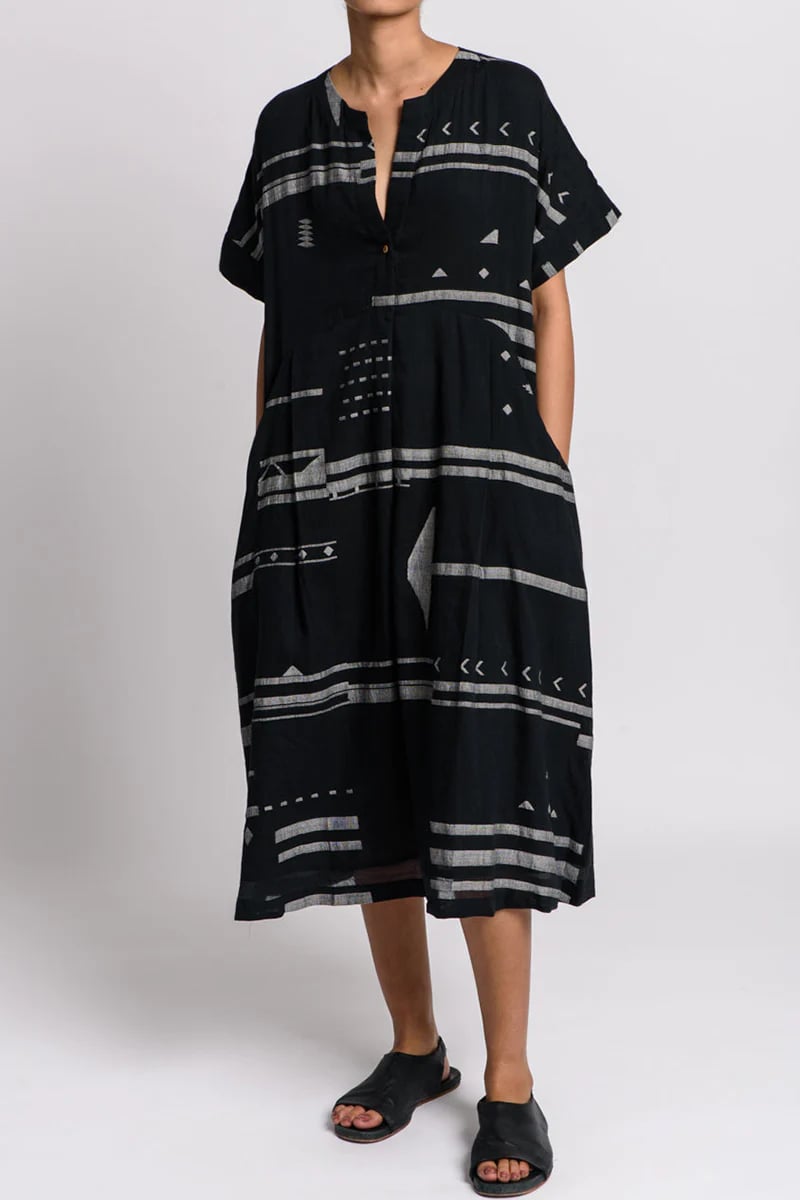 V Neck Short Sleeve Print Pocket Straight Casual Linen Midi Dress