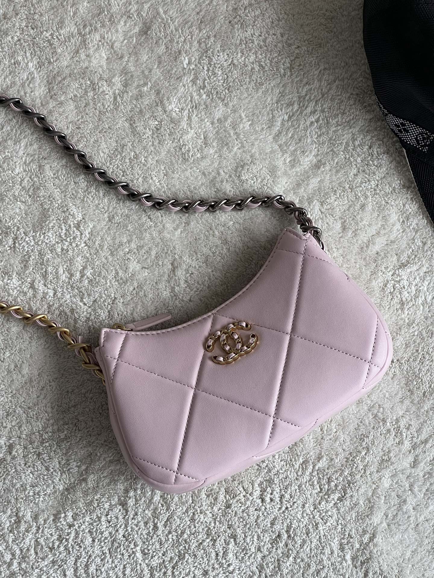 19 Bag Half Moon Hobo in Pink Quilted Lambskin with Bi-Color (Gold & Ruthenium) Hardware, Spring-Summer 2024 (24C) - Mocuir