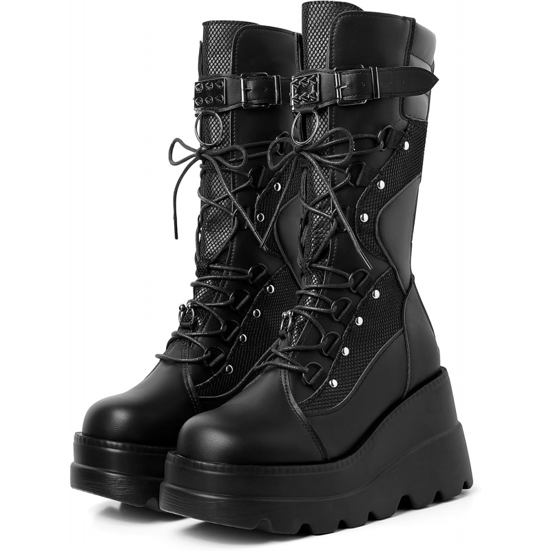 Women's Holographic Platform Mid Calf Combat Boots