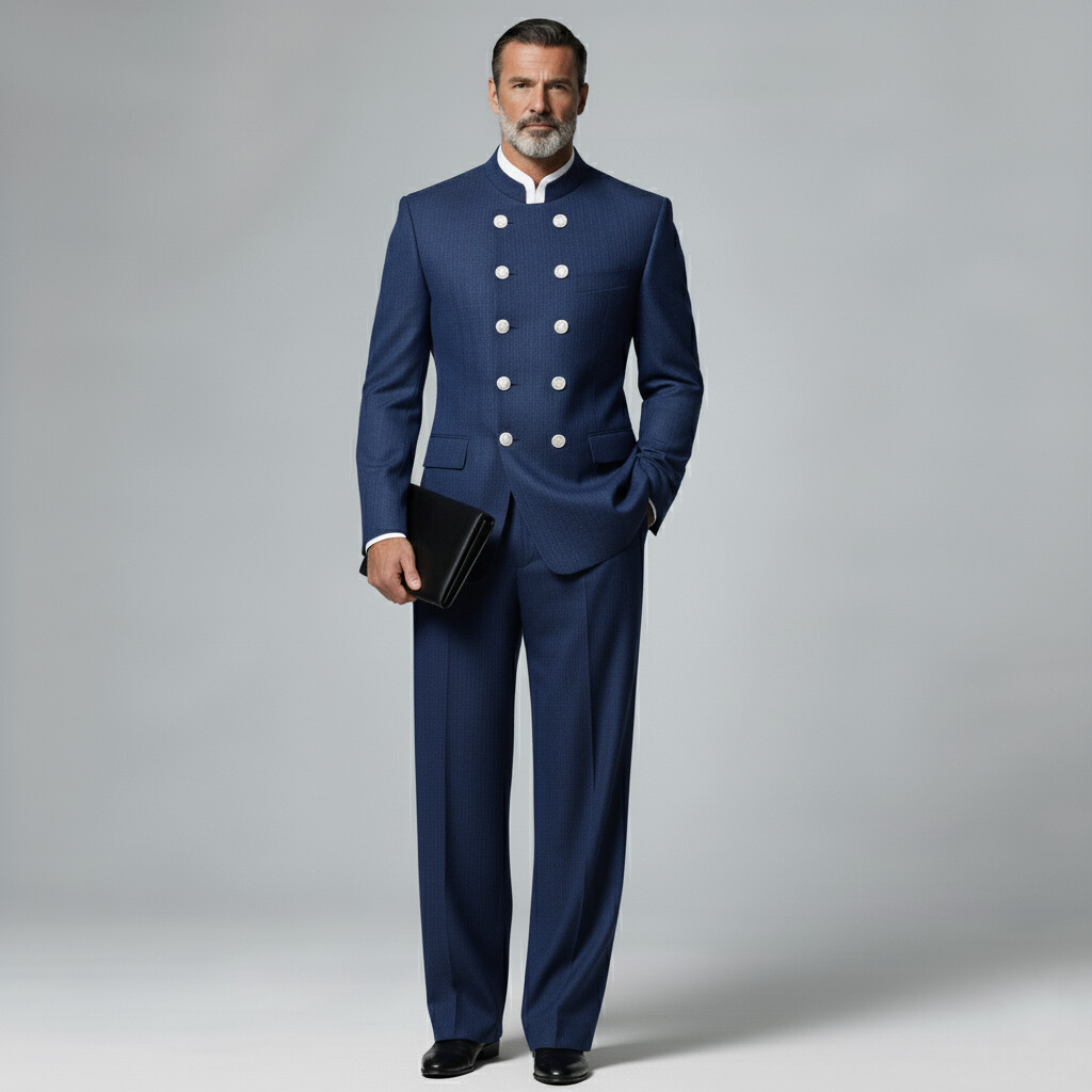 Men's Business Navy Blue Mandarin Collar Long Sleeve Double Breasted Blzer & Pocket Pants 2Pcs Set