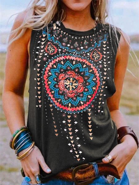 Crew Neck Sleeveless Printed Tribal Shirts & Tops