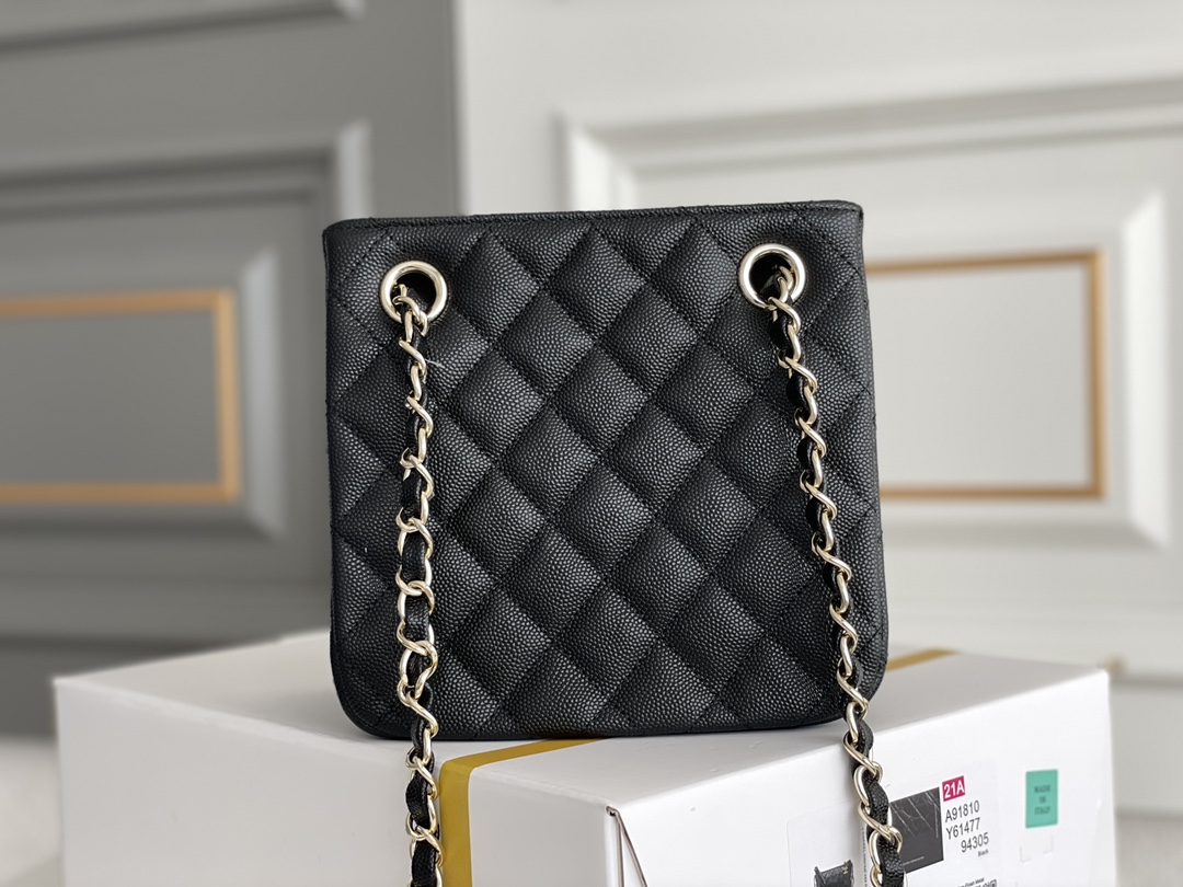 23P Mini Bucket Tote Bag in Black Quilted Grained Calfskin (Caviar) with Silver-Tone Hardware (Model AS3176) - Mocuir
