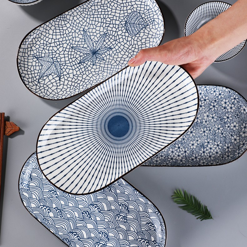 [Pack of 2] 12inch High-Quality Yamada Pattern Fish Plate Japanese Style Steamed Fish Plate Vertical Pattern Thickened Heat Resistant