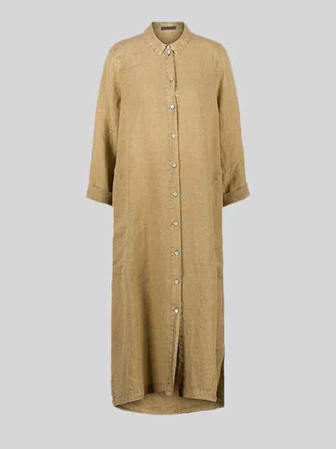 Cotton and Linen Hem Side Slit Shirt Dress