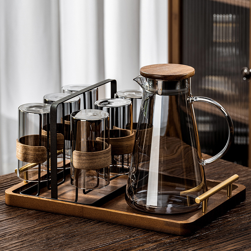 High-grade high-temperature glass set home high borosilicate living room hospitality teacups with wooden ring drinking cups.