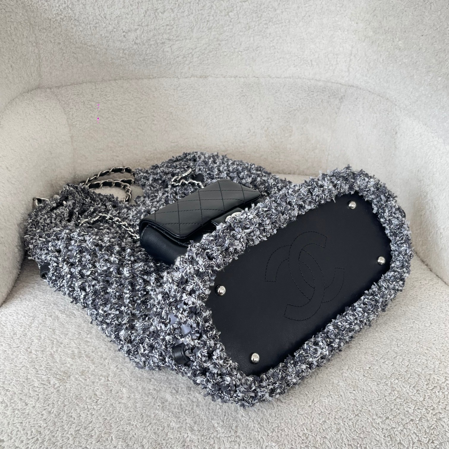 24C Black-Grey Knitted Mesh Tote Handbag with Attached Black Calfskin Mini Flap Bag and Silver-Tone Hardware - Mocuir