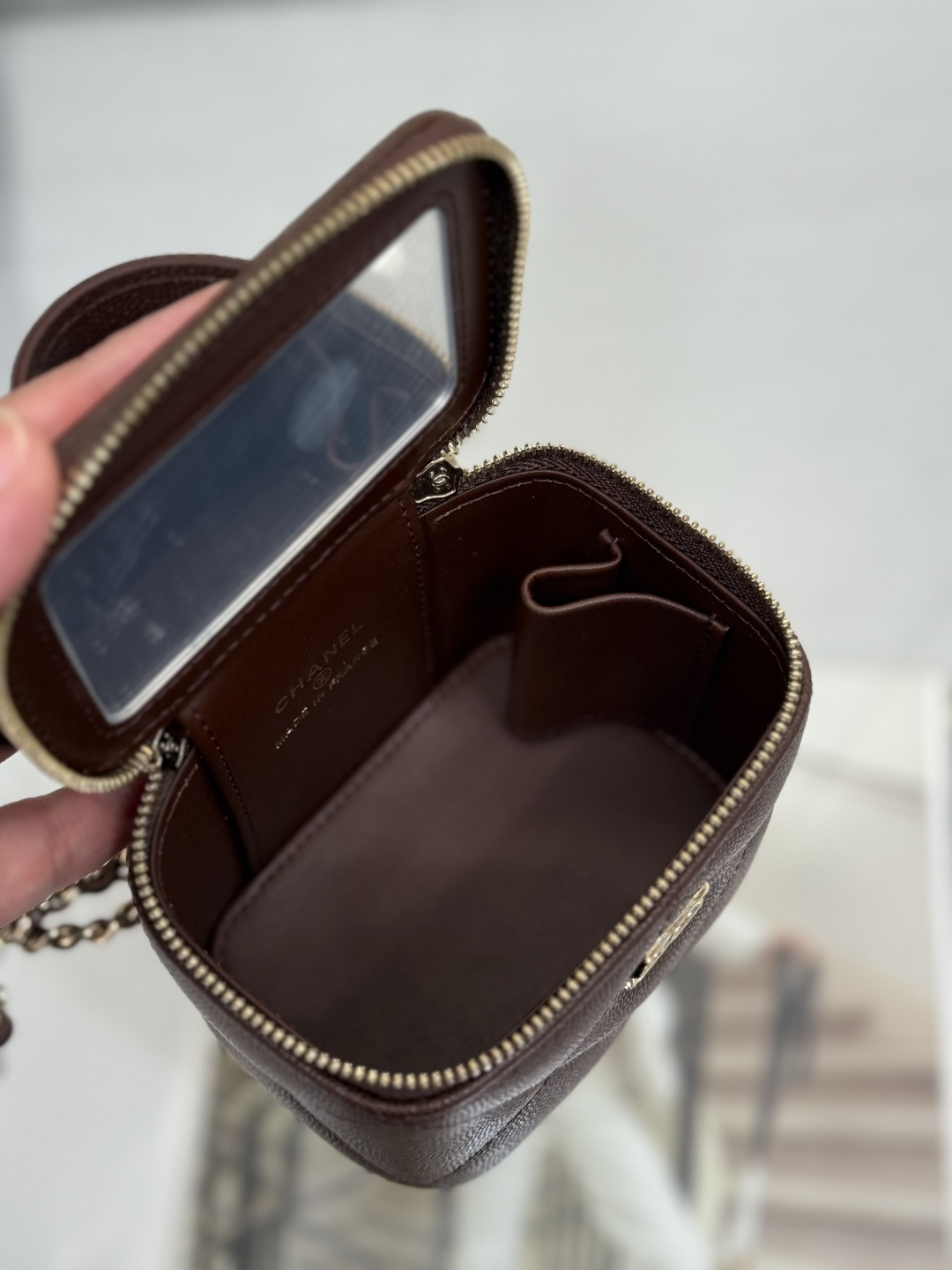 Mini Top Handle Vanity Case (AS5993) in Dark Brown Quilted Grained Calfskin (Caviar) with Antique Gold-Tone Hardware - Mocuir