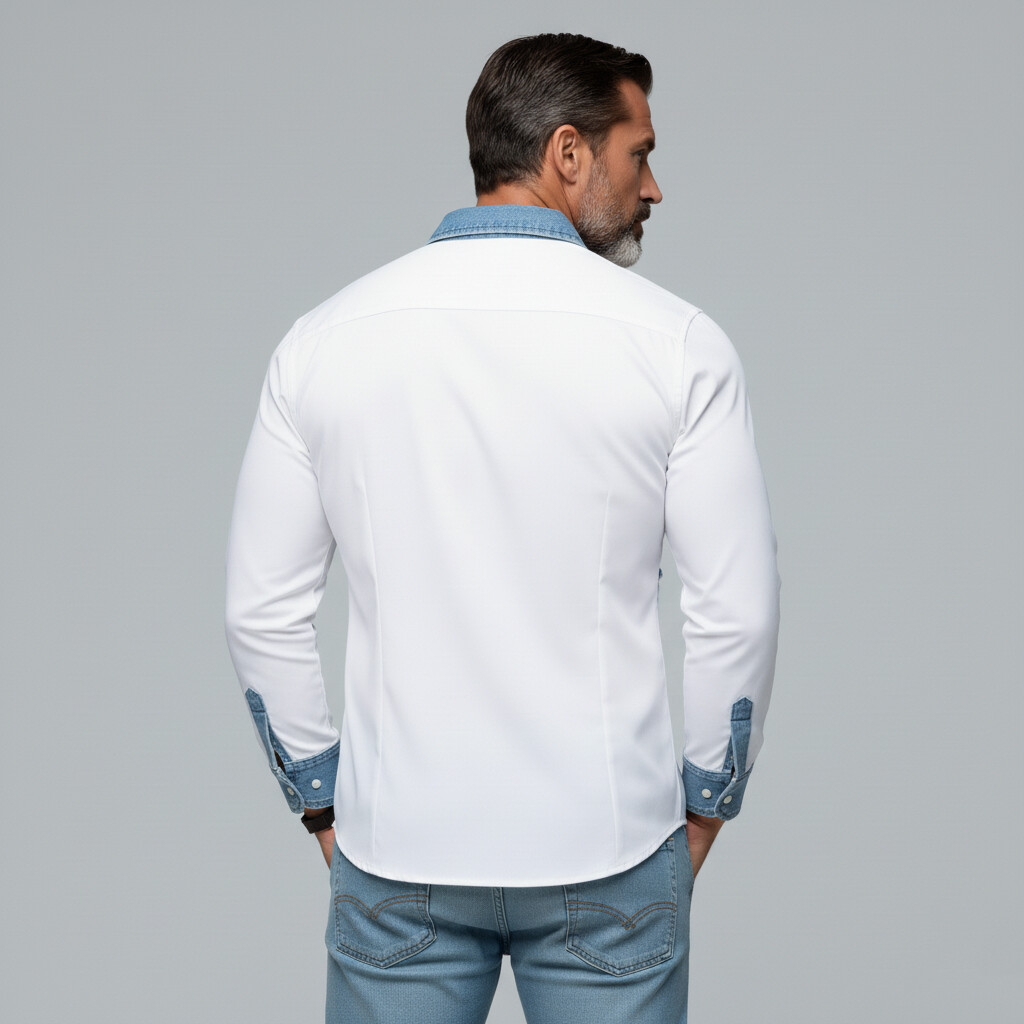 Men's Denim Patchwork Chest Pocket Turndown Collar Slim Fit Long Sleeve Shirt