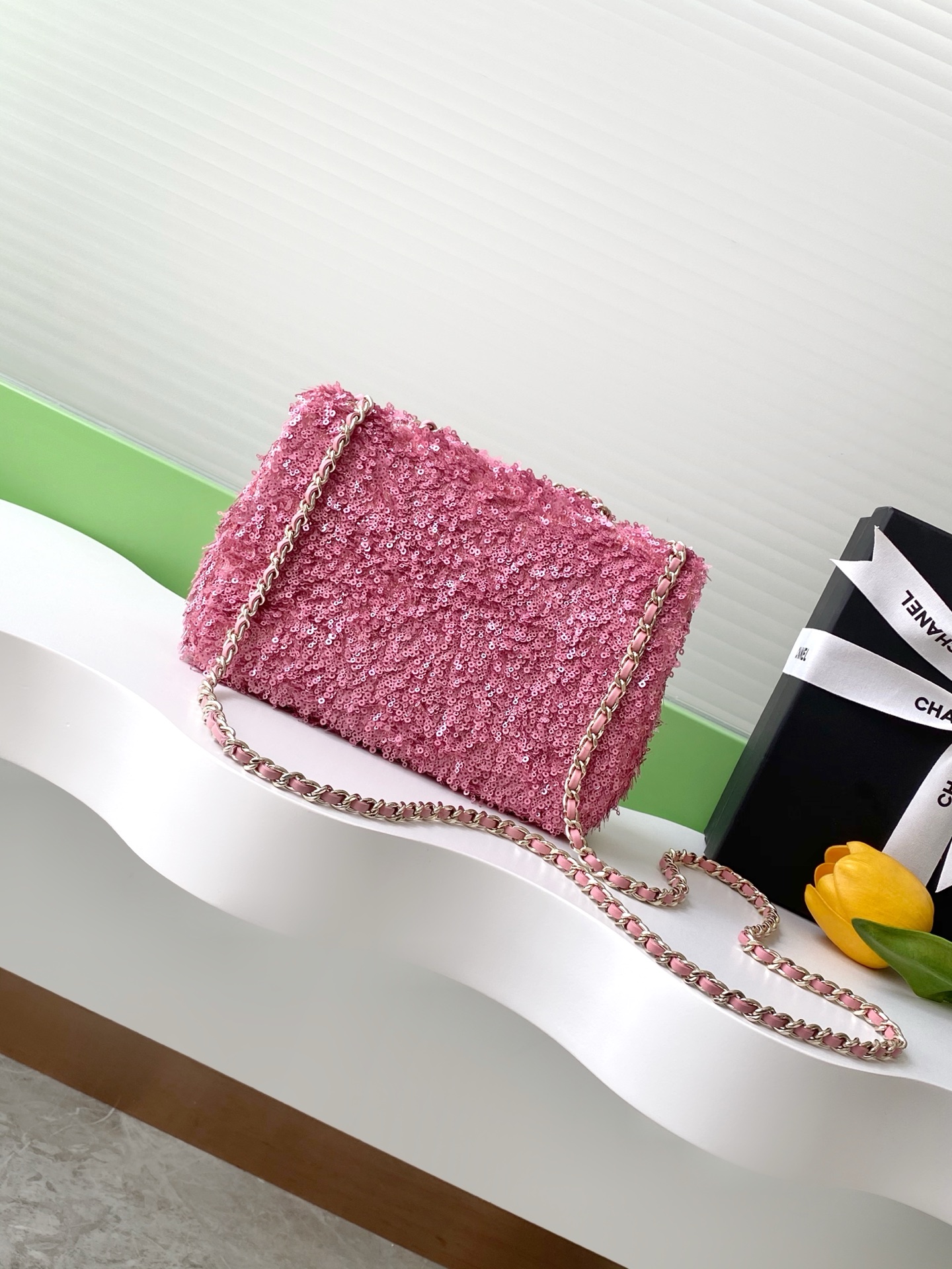 2025 FallWinter Classic Flap Bag in Bright Pink Sequins (AS4561) with Light Gold-Tone Hardware - Mocuir