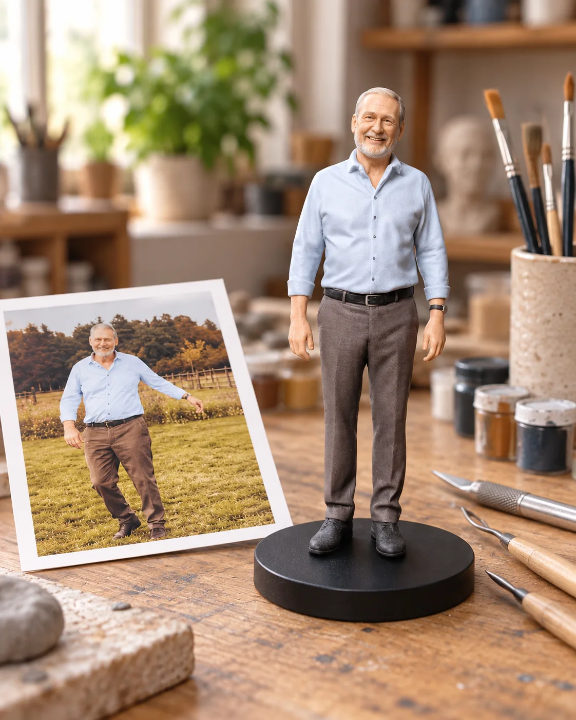 Finished figurine beside its reference photo on an artisan worktable