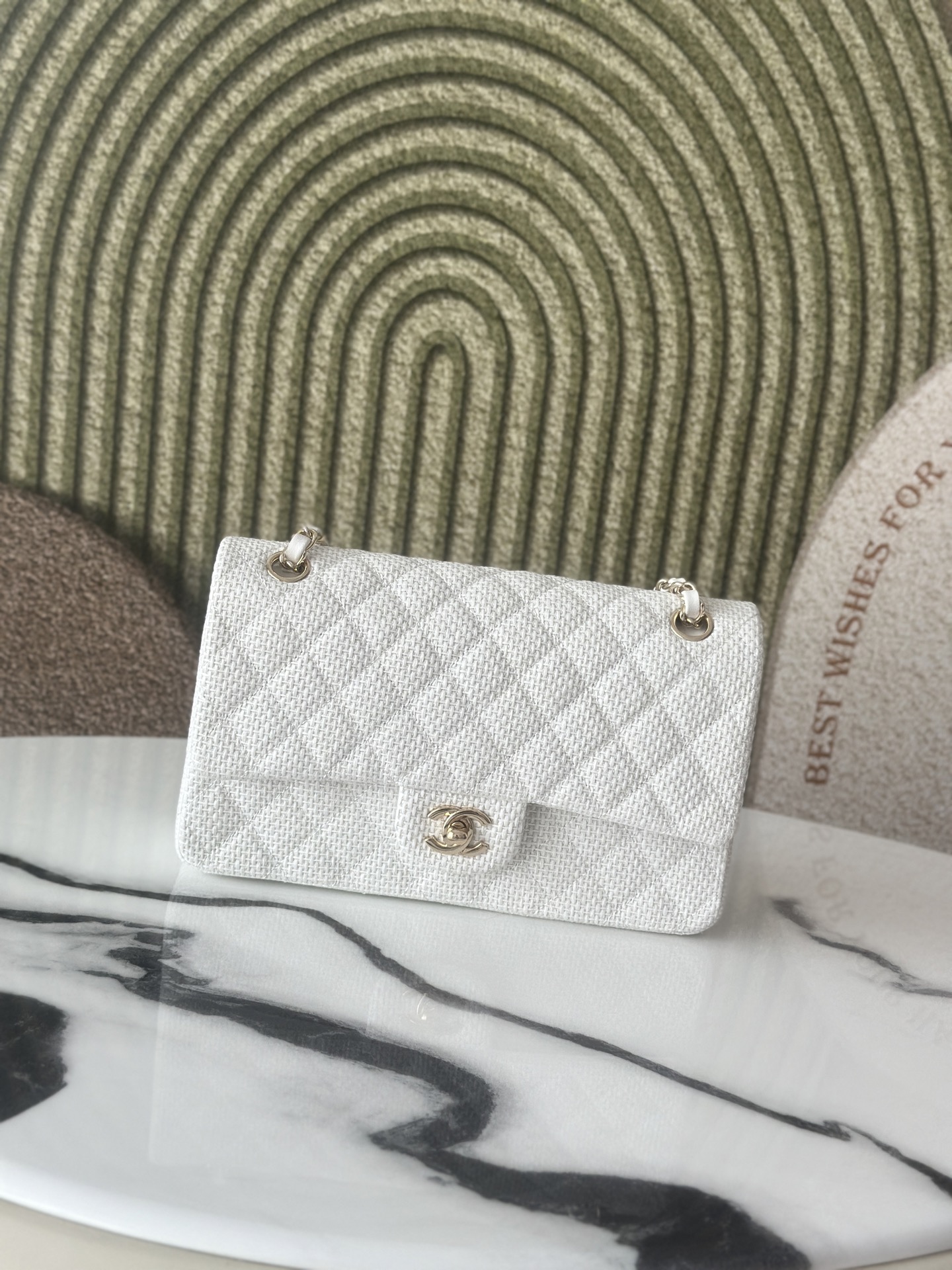 Classic Double Flap Bag in White Tweed with Light Gold Hardware (Model A01112  A69900) - Mocuir