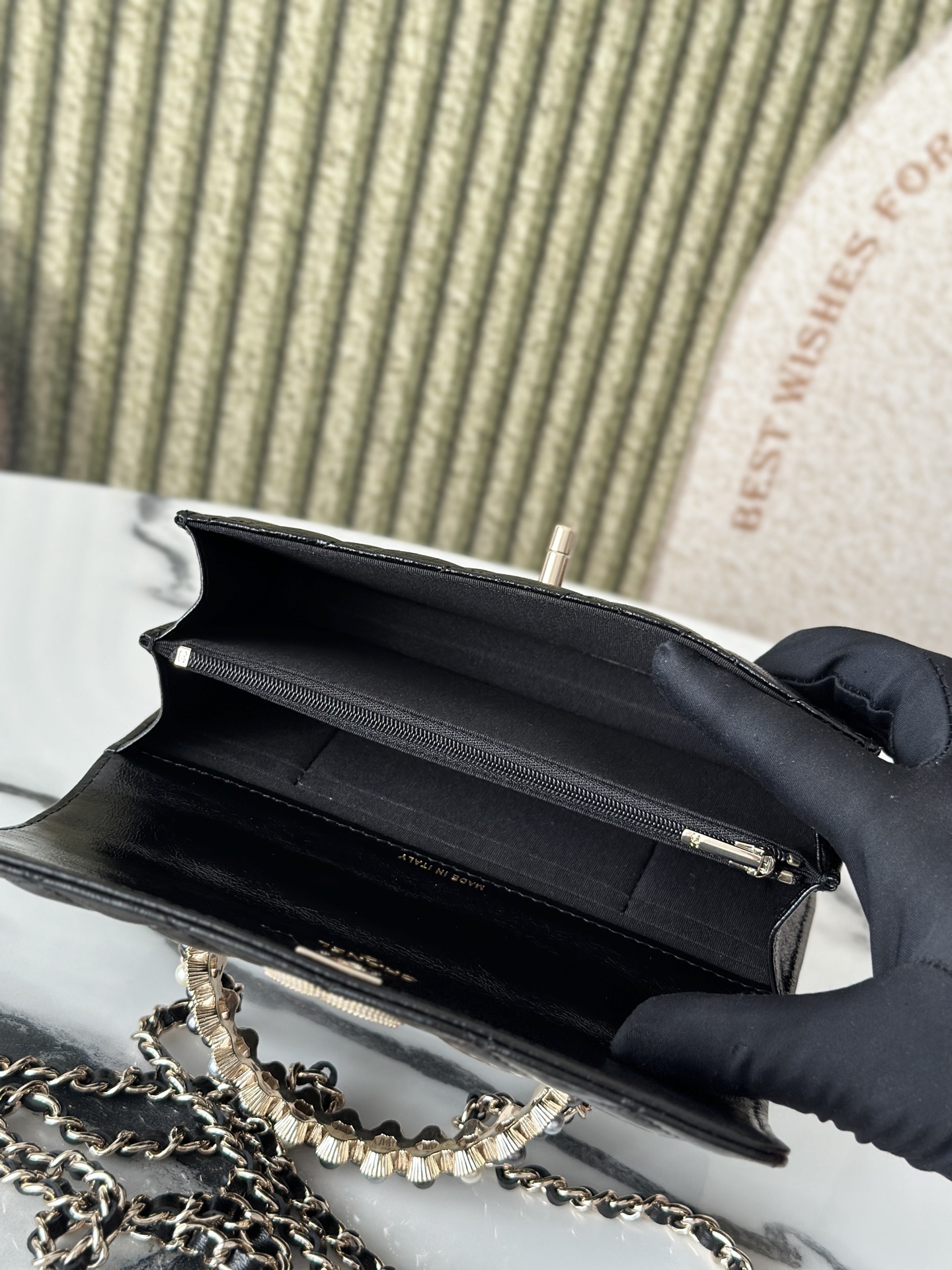 26C Black Shiny Calfskin Quilted Wallet On Chain (WOC) with Imitation Pearl & Crystal Handle - Mocuir