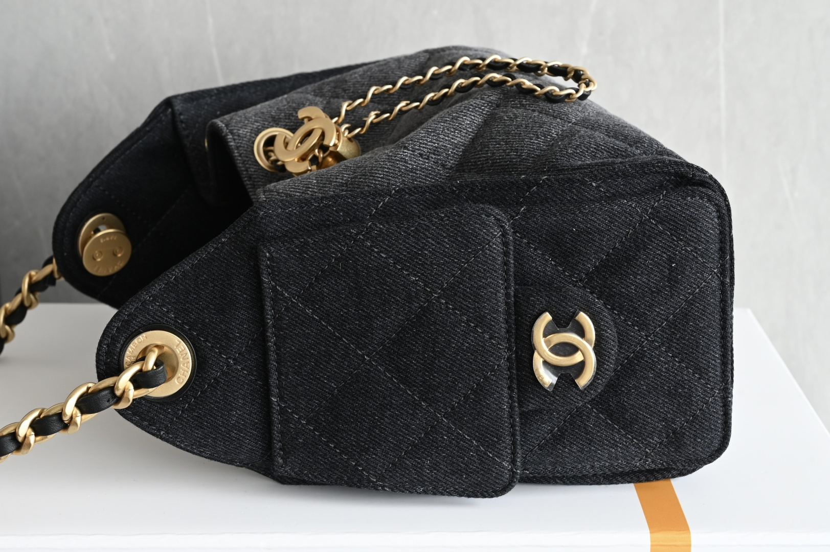 25 Mini Handbag (AS5631) in Black Washed Denim with Antique Gold-Tone Hardware - Mocuir