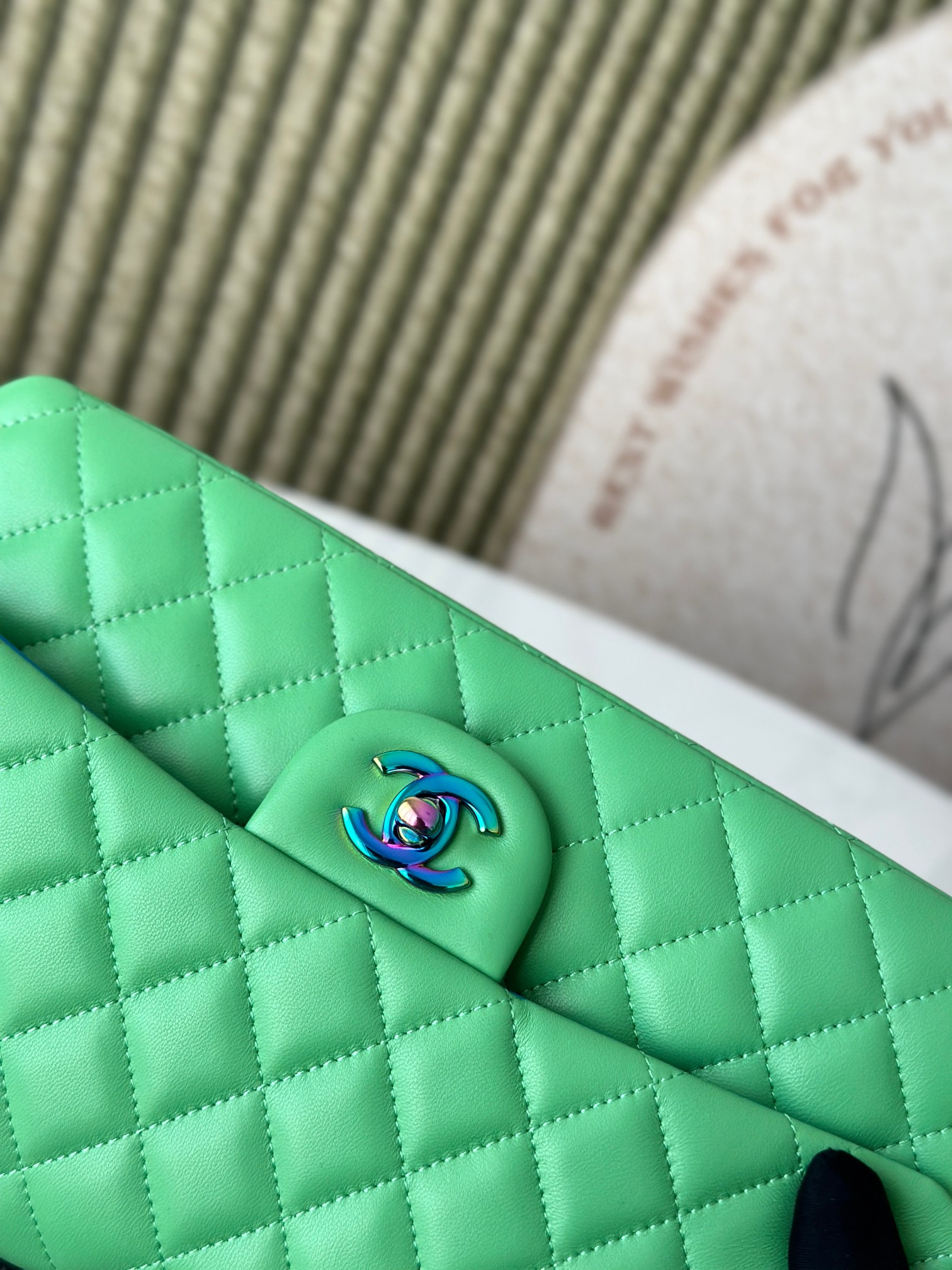 Classic Flap Medium Bag in Avocado Green Lambskin with Iridescent Rainbow Hardware (Model A01112) - Mocuir