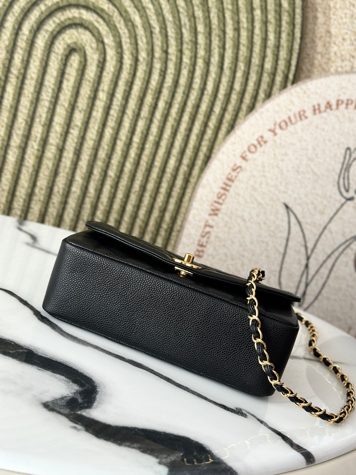 Black Caviar Quilted Medium Flap Bag with Gold Hardware - Mocuir