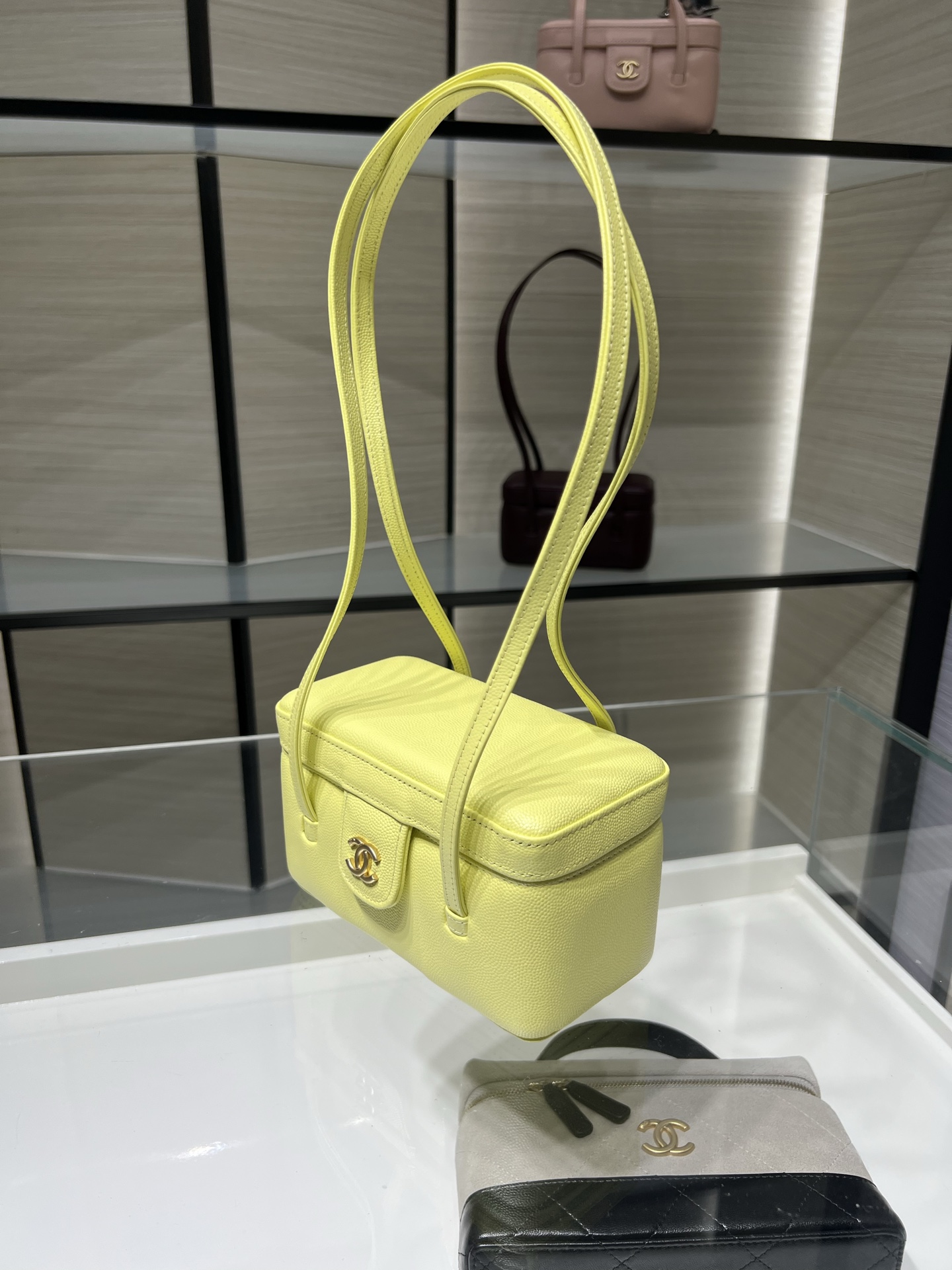 26P Preppy Coco Lemon Yellow Quilted Caviar Leather Long Vanity Handbag with Gold-Tone Hardware - Mocuir