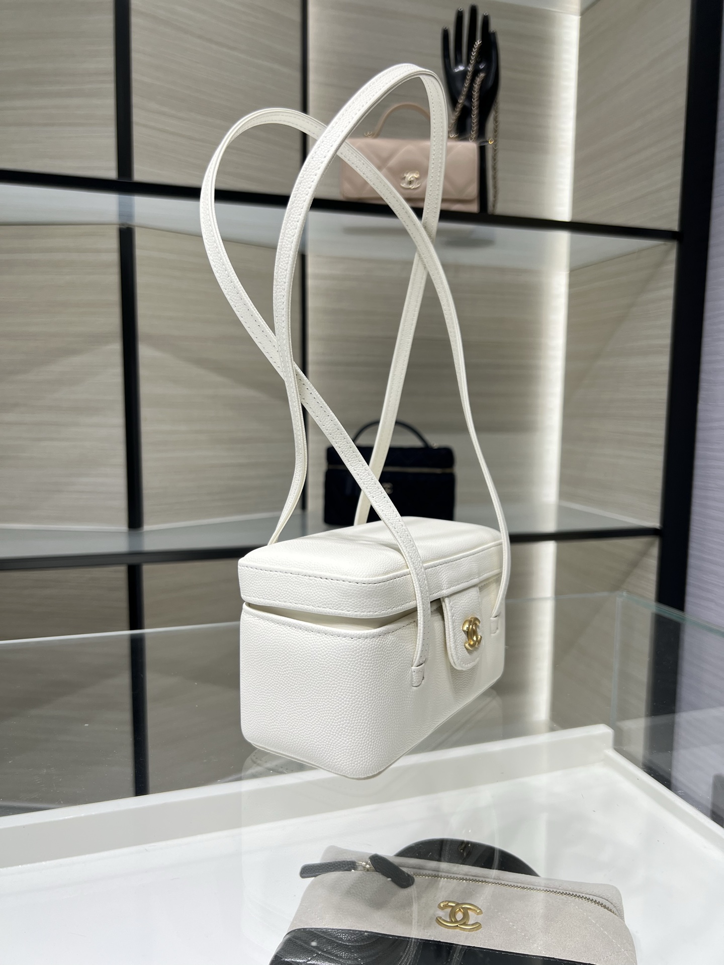 26P Preppy Coco White Quilted Caviar Leather Long Vanity Handbag with Gold-Tone Hardware - Mocuir