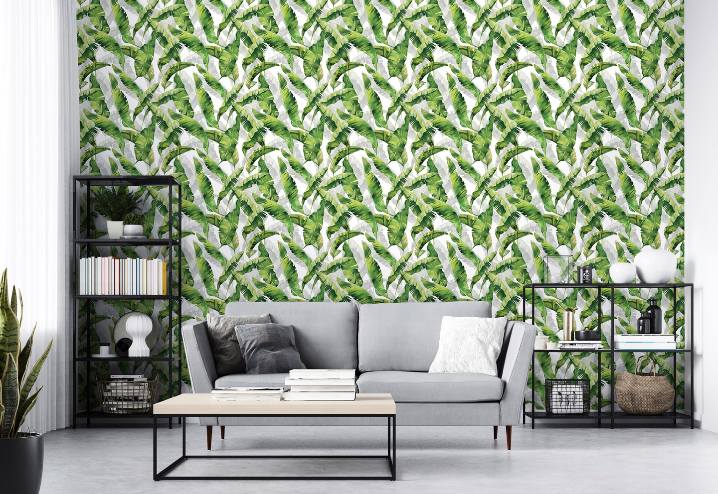 Green leaves wallpaper on non-woven wallpaper