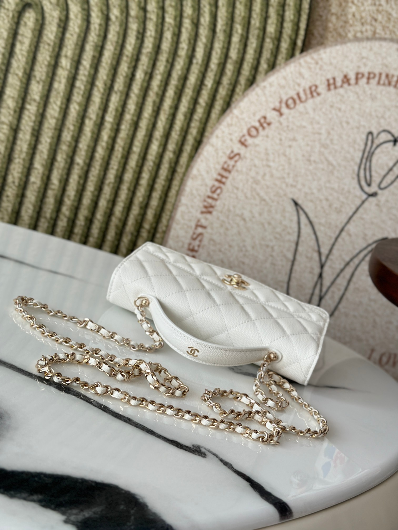 Classic Flap Mini Bag with Top Handle in White Caviar Leather with Light Gold Hardware (Model AP3341) - Mocuir