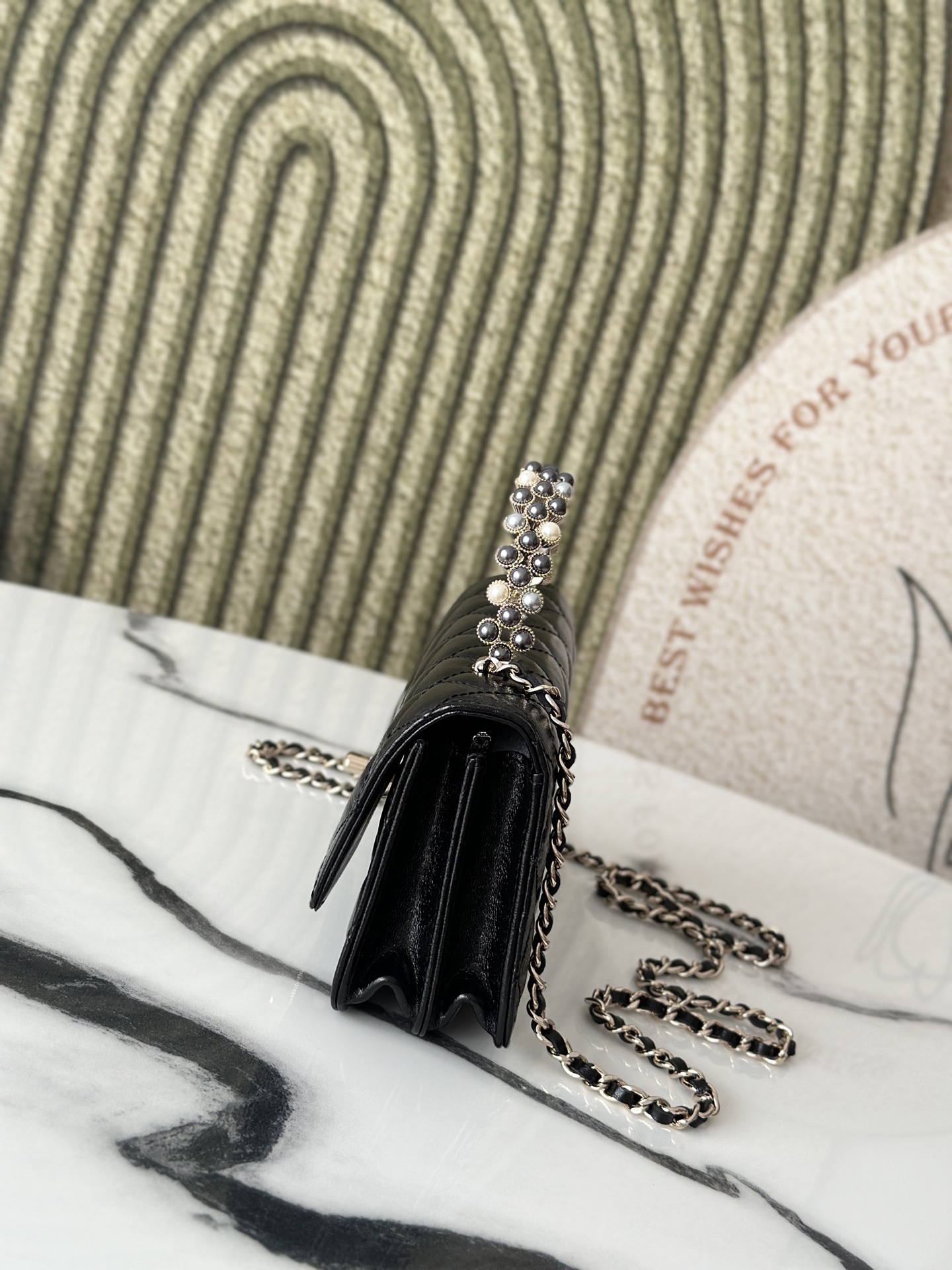 26C Black Shiny Calfskin Quilted Wallet On Chain (WOC) with Imitation Pearl & Crystal Handle - Mocuir