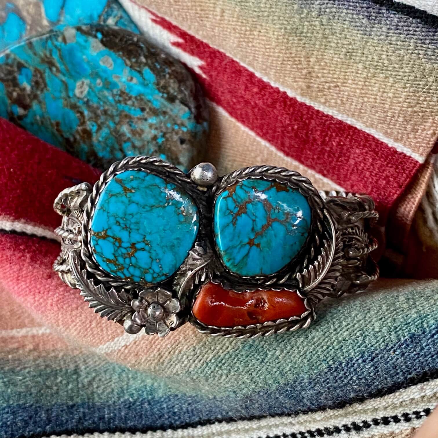 Red Mountain Turquoise Bracelet with C0ral in Sterling Silver Navajo