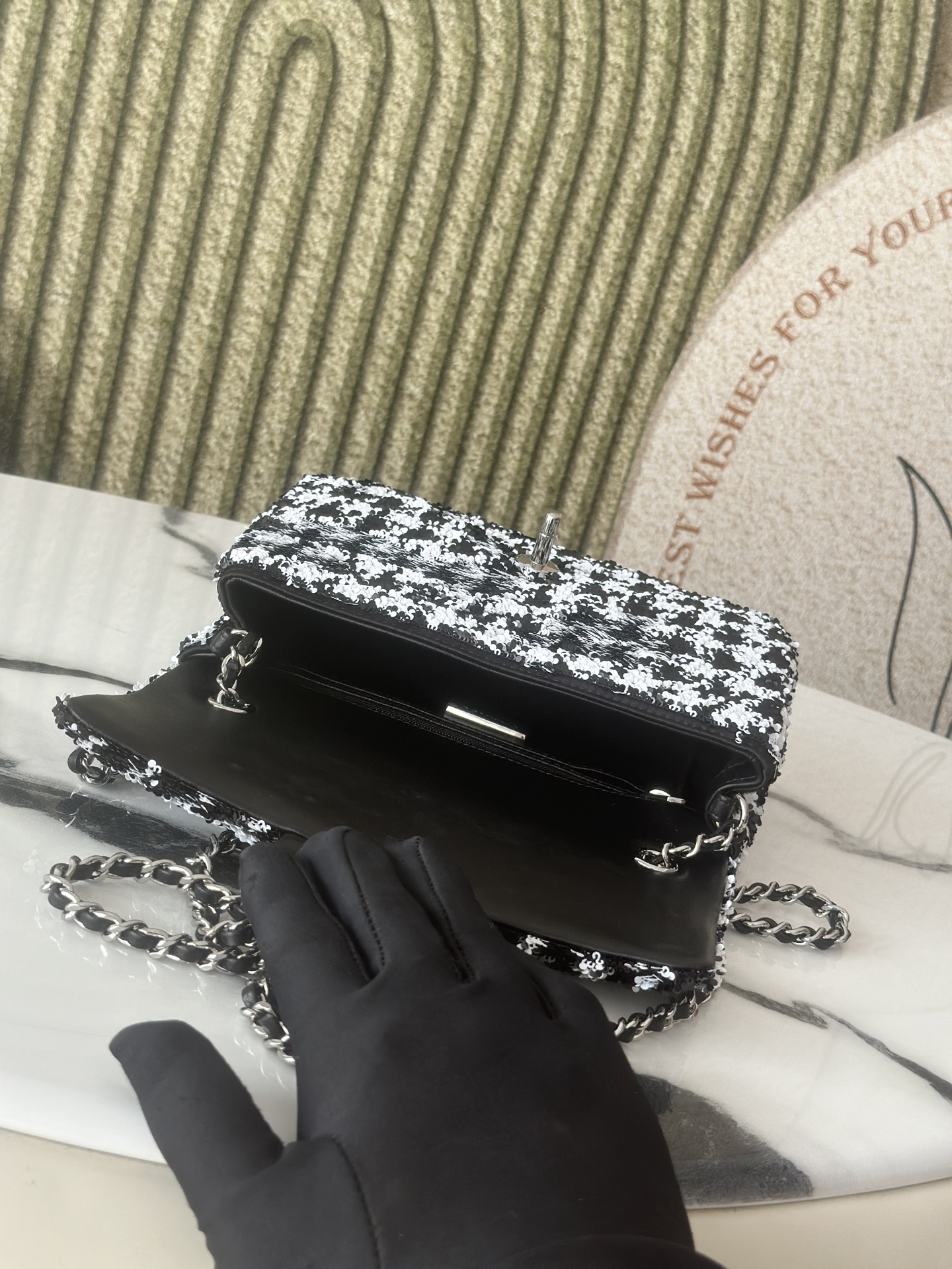 Limited Edition Black & White Houndstooth Sequin Mini Classic Flap Bag - Mocuir