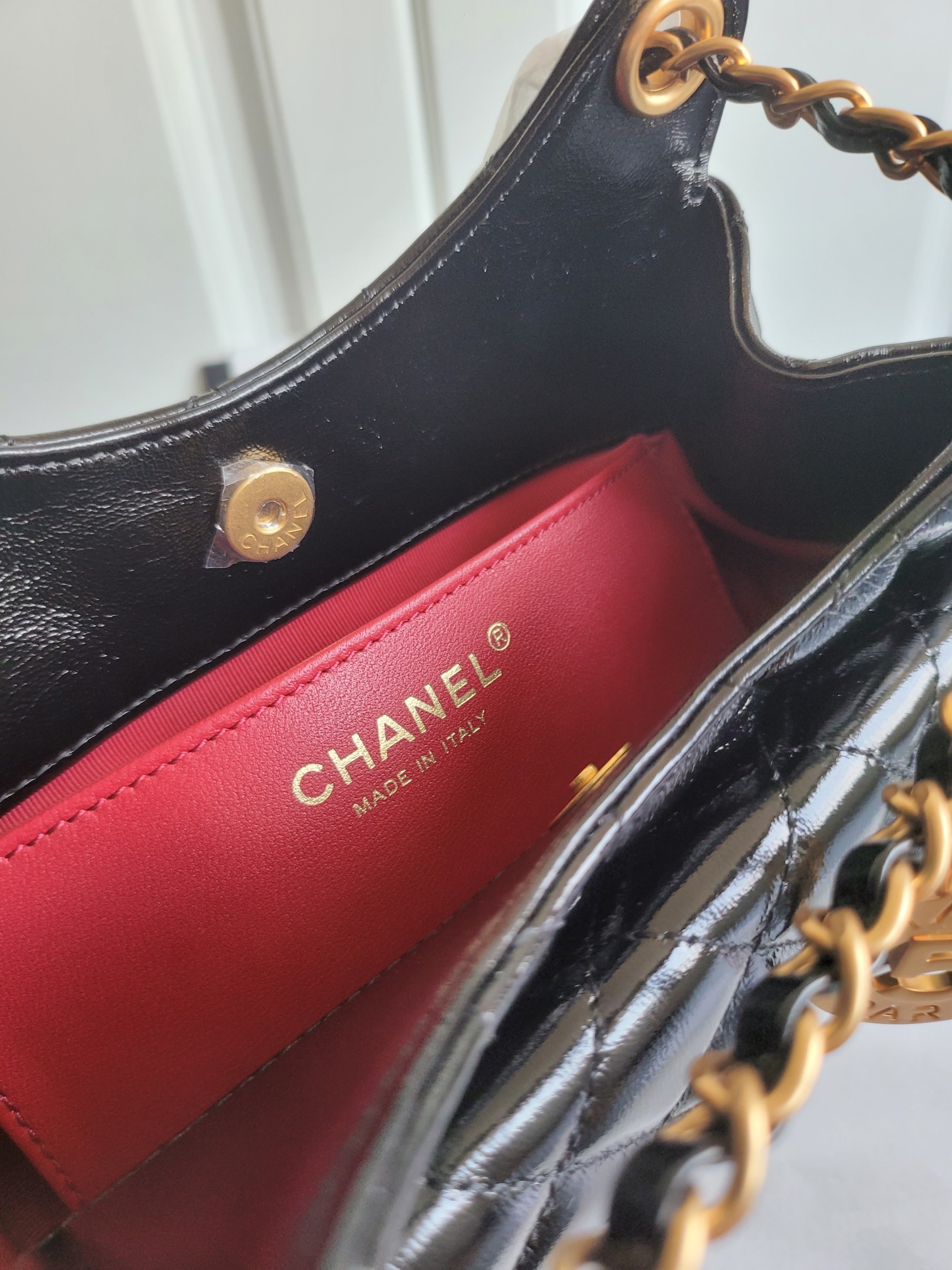 24C Mini Hobo Bag (AS4846) in Black Quilted Shiny Calfskin with Light Gold-Tone Hardware & N°5 Charm - Mocuir