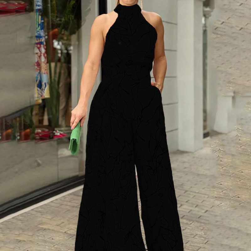 Ladies Elegant Waist Tie Sleeveless Halter Print Jumpsuit