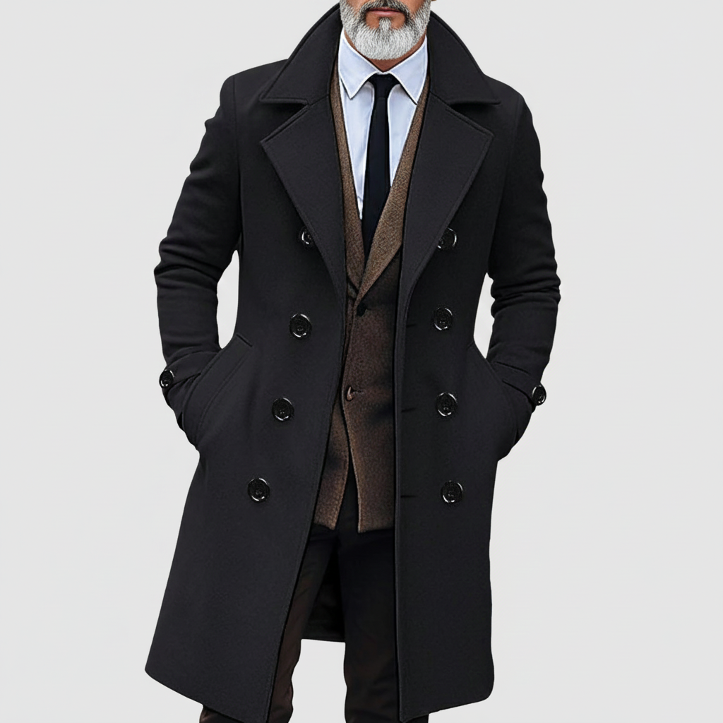 Men's Business Khaki Notched Lapel Double Breasted Slant Pocket Long Sleeve Mid-Length Trench Coats