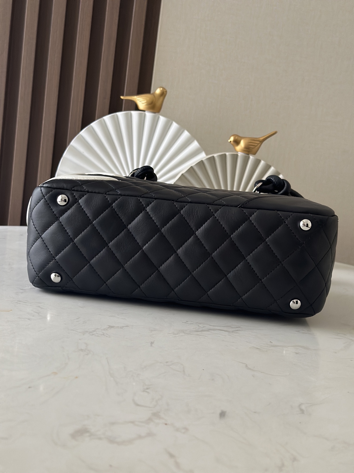 Black & White Quilted Cambon Bowling Bag with Silver Hardware - Mocuir