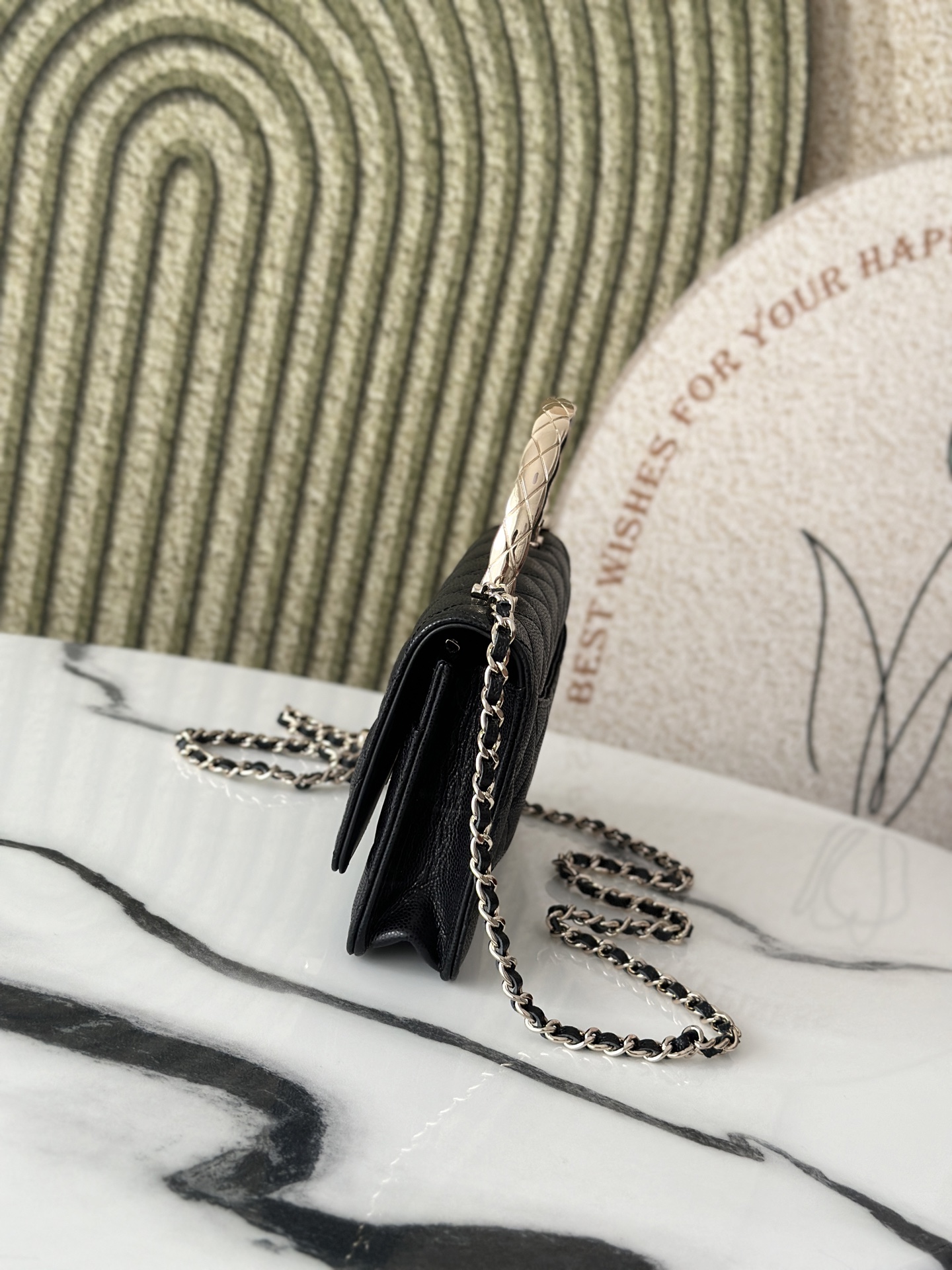 Black Caviar Quilted Wallet On Chain (WOC) with Silver Metal Top Handle - Mocuir