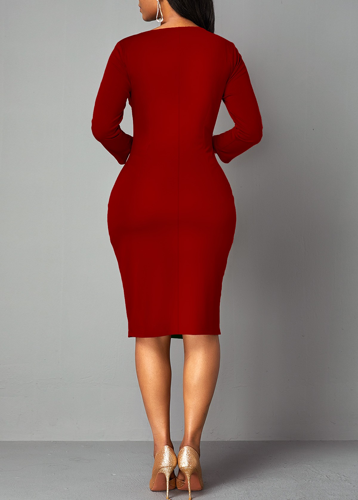 Side Slit Plaid 3/4 Sleeve Bodycon Dress
