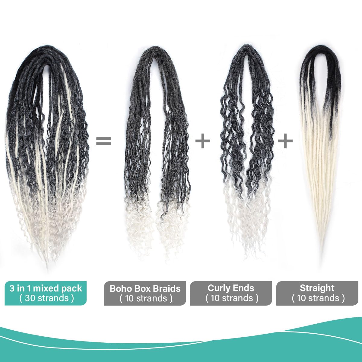 24 Inch 3 In 1 Dreadlock Extensions Sets, 30 Strands Mixed Gray to White Synthetic DE Dreads Extensions, 100% Handmade Soft Double Ended Curly Boho Wavy Dreads for Girls