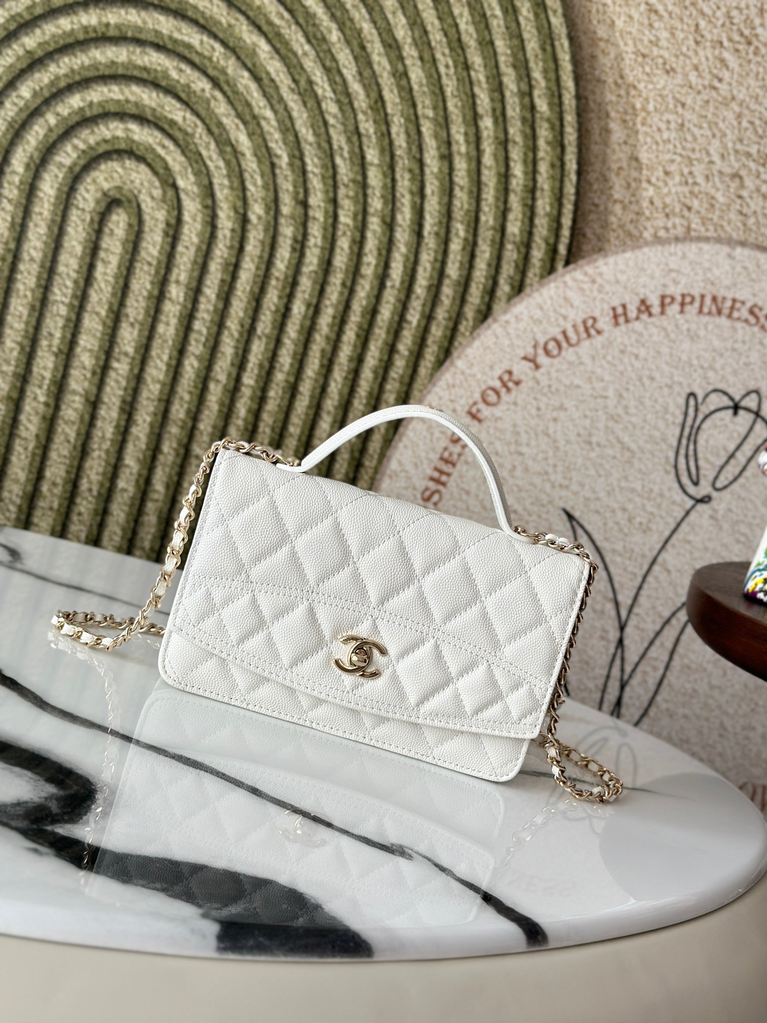 Classic Flap Mini Bag with Top Handle in White Caviar Leather with Light Gold Hardware (Model AP3341) - Mocuir